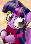  2016 abstract_background book clothing dori-to equine eyewear feathered_wings feathers female feral friendship_is_magic fur glasses hair horn looking_at_viewer mammal multicolored_hair my_little_pony portrait purple_eyes purple_feathers purple_fur purple_hair smile solo twilight_sparkle_(mlp) winged_unicorn wings 