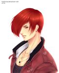  brown_eyes collarbone commentary fur_collar hair_over_one_eye jacket jewelry kthovhinao_virmi looking_at_viewer male_focus necklace open_clothes open_jacket parted_lips pendant red_hair red_jacket simple_background solo the_king_of_fighters the_king_of_fighters_xiv unzipped white_background yagami_iori 