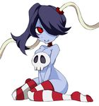 1girl bare_shoulders blue_skin blush breasts checkered choker cleavage hair_over_one_eye misaki_naoe red_eyes side_ponytail skull skullgirls squigly_(skullgirls) stitched_mouth striped striped_legwear zombie 