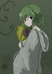  alternate_costume dress eyebrows eyebrows_visible_through_hair flower gown green_background green_hair holding hood hood_down kazami_yuuka looking_at_viewer oshouyu_tabetai red_eyes simple_background smile solo sunflower touhou 