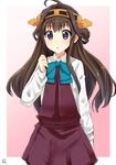  :o ahoge alternate_breast_size alternate_costume bow bowtie breasts brown_hair cosplay double_bun dress hairband headgear kantai_collection kongou_(kantai_collection) long_hair long_sleeves looking_at_viewer nayuhi_(yukimuu14) pleated_skirt purple_eyes school_uniform shirt skirt sleeveless sleeveless_dress small_breasts solo white_shirt yuugumo_(kantai_collection) yuugumo_(kantai_collection)_(cosplay) 