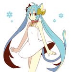  animal_ears aqua_eyes aqua_hair bell bell_collar cat_ears cat_tail collar dress hatsune_miku jingle_bell kemonomimi_mode long_hair simple_background solo tail twintails very_long_hair vocaloid white_background yoshiki 