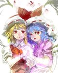  blonde_hair blue_hair flandre_scarlet hat hat_ribbon holding_hands light_smile looking_at_viewer looking_to_the_side mob_cap multiple_girls open_mouth partially_colored red_eyes red_ribbon remilia_scarlet ribbon short_hair short_sleeves siblings sideways_glance sisters sketch tlman touhou upper_body white_hat 