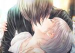  1girl bangs bare_shoulders black_hair blurry closed_eyes couple depth_of_field eyelashes face_down hand_on_another's_arm hetero kinoebi kiss light_particles long_sleeves original profile silver_hair 