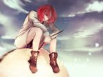  black_panties boots drum drumsticks formal frown highres horikawa_raiko instrument panties pantyshot pantyshot_(sitting) red_eyes red_hair sitting slouching solo suit touhou underwear white_suit yurinotubomi 