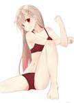  bangs bare_legs bare_shoulders barefoot black_bow blonde_hair bow bow_panties bra closed_mouth collarbone eyebrows eyebrows_visible_through_hair fang fang_out hair_flaps hair_ornament hairclip head_tilt kantai_collection legs long_hair looking_at_viewer navel panties red_bra red_eyes red_panties remodel_(kantai_collection) simple_background sitting solo stomach stretch underwear underwear_only white_background yuki_(yukin0128) yuudachi_(kantai_collection) 