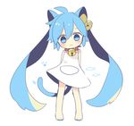  animal_ears barefoot bell bell_collar blue_eyes blue_hair cat_ears cat_tail chibi collar dress full_body hatsune_miku jingle_bell kemonomimi_mode long_hair looking_at_viewer simple_background solo tail twintails very_long_hair vocaloid white_background yoshiki 