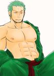  1boy abs bara earrings green_hair male_focus muscle nipples one-eyed one_piece open_clothes open_shirt pecs robe roronoa_zoro sash scar simple_background sitting solo undressing white_background 