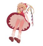  ascot blonde_hair bloomers bobby_socks brown_footwear closed_mouth expressionless flandre_scarlet from_below full_body hat highres looking_at_viewer misoni_comi mob_cap petticoat puffy_short_sleeves puffy_sleeves red_eyes red_skirt shoe_soles shoes short_sleeves side_ponytail skirt skirt_set socks solo touhou underwear upskirt vest white_legwear wings 