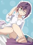  adjusting_eyewear ahoge blue_background blush brown_hair collared_shirt dutch_angle feet glasses green_eyes green_panties kantai_collection looking_at_viewer multicolored_hair okinami_(kantai_collection) one_eye_closed panties parted_lips pink_hair polka_dot polka_dot_panties shirt short_hair skirt skirt_removed solo tri underwear white_shirt 