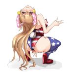  1girl absurdres alternate_costume amagi_(amagi626) american_flag american_flag_legwear animal_ears arched_back ass backless_outfit bare_shoulders blonde_hair breasts bunny_ears bunny_tail bunnysuit clownpiece commentary_request double_v fake_animal_ears fake_tail head_back high_heels highres leotard long_hair looking_ahead looking_back medium_breasts older purple_eyes red_footwear smile solo squatting tail thick_thighs thighhighs thighs touhou v white_background 