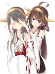  ahoge bangs bare_shoulders brown_hair closed_mouth collarbone covering_another's_eyes covering_eyes detached_sleeves eyebrows eyebrows_visible_through_hair finger_to_chin flower guess_who hair_ornament hairclip haruna_(kantai_collection) headgear index_finger_raised kantai_collection kongou_(kantai_collection) long_hair looking_at_another multiple_girls nontraditional_miko open_mouth purple_eyes sidelocks simple_background white_background wide_sleeves yuki_(yukin0128) 