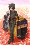  1girl androgynous artist_request black_eyes black_hair flower gun hermes holster kino kino_no_tabi long_coat luggage motorad motorcycle pouch_bags short_hair sleeping_bag smile solo tagme vehicle weapon 