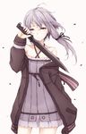  ahoge bare_shoulders blade collarbone expressionless hachikuji hair_ribbon highres holding holding_weapon hood hoodie knife long_hair looking_at_viewer off_shoulder purple_eyes purple_hair ribbon short_hair_with_long_locks simple_background solo upper_body vocaloid voiceroid weapon wind yuzuki_yukari 