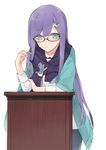  alternate_costume bespectacled black-framed_eyewear blue_eyes crescent crescent_hair_ornament glasses hair_ornament hayashi_kewi jacket lectern long_hair looking_at_viewer open_clothes open_jacket patchouli_knowledge purple_hair shirt skirt solo touhou very_long_hair 