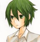  1girl androgynous artist_request expressionless green_eyes green_hair kino kino_no_tabi short_hair simple_background solo tagme white_background 