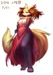  big_breasts breasts crossed_arms delphox female inner_ear_fluff japanese_text ni_jikan nintendo pok&eacute;mon signature simple_background solo stick text video_games white_background 