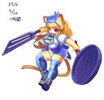  breasts cat cleavage clothed clothing feline female footwear frying_pan hat japanese_text legwear mammal melee_weapon ni_jikan shoes simple_background solo spatula stockings text weapon white_background 