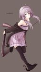  ahoge bare_shoulders black_legwear blade boots collarbone dress expressionless full_body hachikuji highres holding holding_weapon hood hoodie knife long_hair looking_at_viewer off_shoulder purple_eyes purple_hair running short_hair_with_long_locks simple_background solo thighhighs vocaloid voiceroid weapon yuzuki_yukari 