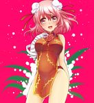  :d bandaged_arm bandages bare_shoulders blush breasts bun_cover chinese_clothes commentary_request contrapposto cowboy_shot double_bun flower ibaraki_kasen large_breasts looking_at_viewer naked_tabard open_mouth pink_eyes pink_flower pink_hair pink_rose rimu_(kingyo_origin) rose short_hair smile solo standing tabard touhou 