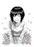  androgynous anisa_novia closed_eyes flower frisk_(undertale) greyscale hatching_(texture) highres monochrome open_mouth petals signature smile solo striped striped_sweater sweater undertale upper_body watermark 