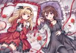  2girls :d bangs bed_sheet black_hairband blonde_hair blush bow box braid brown_dress brown_hair closed_mouth collarbone commentary_request dress eyebrows_visible_through_hair flower frilled_pillow frills gift gift_box grey_legwear hair_between_eyes hair_bow hair_bun hair_over_shoulder hairband heart-shaped_box highres holding holding_gift jacket kure~pu long_hair long_sleeves lying multiple_girls off_shoulder on_back one_side_up open_clothes open_jacket open_mouth original pantyhose pillow pleated_skirt purple_eyes red_bow red_eyes red_flower red_jacket red_rose red_skirt rose shirt side_bun single_braid skirt smile thighhighs white_flower white_jacket white_rose white_shirt 
