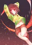  blood blush brown_hair chara_(undertale) dayuh dust glint gradient gradient_background heart heart-shaped_pupils heart_necklace jewelry knife midriff navel necklace red_eyes shoes shorts smile solo spoilers striped striped_sweater sweater symbol-shaped_pupils undertale watermark web_address 