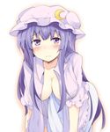  bangs blush breasts chata_maru_(irori_sabou) collarbone crescent crescent_hair_ornament hair_ornament hanging_breasts hat highres large_breasts long_hair looking_at_viewer mob_cap open_clothes patchouli_knowledge purple_eyes purple_hair short_sleeves solo touhou 