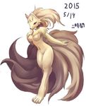  anthro breasts canine chest_tuft featureless_breasts female fox hand_on_breast japanese_text mammal multi_tail ni_jikan ninetales nintendo nude pok&eacute;mon signature simple_background slim solo text tuft video_games white_background 