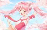  blue_sky cherry_blossoms cloud day detached_sleeves hair_ornament hatsune_miku hazuki_natsu head_wings long_hair long_sleeves looking_at_viewer necktie open_mouth outstretched_arms petals pink_eyes pink_hair sakura_miku shirt sky smile solo twintails upper_body very_long_hair vocaloid wide_sleeves 