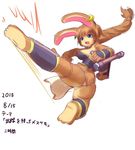  armor barefoot big_breasts braided_hair breasts clothing club_(weapon) ear_piercing female hair japanese_text kick lagomorph mammal melee_weapon ni_jikan piercing ponytail rabbit signature simple_background solo text tonfa underwear weapon white_background 