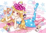  :&gt; :&lt; :d :p american_flag american_flag_dress american_flag_legwear ass back bangs blonde_hair blue_bow bow character_doll character_name clownpiece dress dutch_angle fairy_wings flag_background food food_on_face from_above full_body hand_on_own_cheek hat head_rest holding holding_food ice_cream jester_cap kurage_(artist) long_hair looking_at_viewer luna_child lying neck_ruff no_shoes on_stomach open_mouth pantyhose pink_eyes polka_dot print_legwear short_sleeves smile soft_serve solo star star_print star_sapphire striped sunny_milk tongue tongue_out touhou wings 