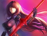  bodysuit breasts covered_nipples fate/grand_order fate_(series) gae_bolg glowing glowing_weapon holding large_breasts long_hair looking_at_viewer pauldrons pdz polearm purple_bodysuit purple_hair red_eyes scathach_(fate)_(all) scathach_(fate/grand_order) smile solo spear teeth upper_body very_long_hair weapon 