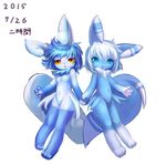  blue_fur blue_hair breasts duo featureless_breasts female fur hair hand_holding japanese_text looking_at_viewer male meowstic ni_jikan nintendo paws pok&eacute;mon signature simple_background small_breasts text video_games white_background white_fur white_hair 