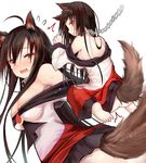  ahoge animal_ears ass bangs bare_shoulders barefoot breast_squeeze breast_suppress breasts brooch brown_eyes brown_hair cleavage collar downblouse dress_pull efe eyebrows fang highres imaizumi_kagerou jewelry large_breasts leash long_hair long_sleeves looking_at_viewer looking_back no_bra no_panties off_shoulder open_mouth seiza shirt sideboob simple_background sitting skirt solo sweat tail tears touhou very_long_hair white_background wide_sleeves wolf_ears wolf_tail 