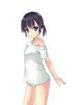  black_hair blue_eyes highres no_pants off_shoulder original panties ponytail shirt short_hair short_ponytail smile solo t-shirt tsukaji_shun underwear white_background white_panties 