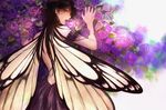  arm_garter black_hair butterfly_wings flower highres long_hair looking_back open_mouth original purple_eyes purple_flower purple_rose romiy rose solo wings 