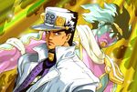  black_hair diamond_wa_kudakenai earrings gakuran green_eyes hat jewelry jojo_no_kimyou_na_bouken kuujou_joutarou long_coat mahito_(tranjistor) male_focus school_uniform stand_(jojo) star_platinum 