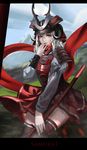  1girl \||/ absurdres armor baka_(mh6516620) black_horns commentary crest day dou fake_horns family_crest helmet highres holding holding_sheath holding_sword holding_weapon horned_helmet horns japanese_armor kabuto_(helmet) mask menpoo mountain nodowa_(gorget) parted_lips photoshop_(medium) red_eyes samurai sheath sheathed sheep_horns shikoro shoulder_armor sky sode solo sword tassel thighhighs weapon white_hair yotsuwari-bishi zettai_ryouiki 