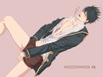  1boy abs black_hair blue_eyes blush gintama hijikata_toushirou looking_at_viewer male_focus muscle pecs solo steam sweat underwear undressing 