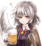  absurdres alcohol angel_wings beer beer_mug blush bow braid brooch brown_jacket cup dress french_braid hand_up highres holding holding_cup jacket jewelry kishin_sagume long_sleeves looking_to_the_side parted_lips purple_dress raised_eyebrow red_eyes short_hair silver_hair simple_background single_wing solo thkani tipsy touhou upper_body white_background white_wings wings 
