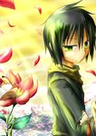  1girl androgynous artist_request black_hair butterfly flower green_eyes kino kino_no_tabi petals scarf short_hair sky solo strap tagme 