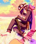  1girl androgynous artist_request barefoot belts black_eyes black_hair bow brimmed_hat clouds field goggles grass gun hat kino kino_no_tabi looking_at_viewer ribbon short_hair shouyu_senbei sky sniper solo weapon 