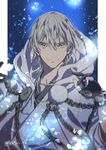  black_gloves gloves hood japanese_clothes male_focus oooocha partly_fingerless_gloves petals pom_pom_(clothes) smile solo touken_ranbu tsurumaru_kuninaga white_hair yellow_eyes 