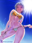  artist_name backlighting bare_arms bare_legs bare_shoulders bikini bikini_pull blue_eyes blue_hair blue_sky breasts closed_mouth cowboy_shot day hair_ornament hairclip hand_up hips kajin_(kajinman) light_rays lips looking_at_viewer mahou_shoujo_madoka_magica medium_breasts miki_sayaka navel outdoors patreon_username pulled_by_self short_hair side-tie_bikini side-tie_bottom signature sky smile solo standing stomach strapless sun swimsuit tubetop underboob watermark web_address wet wet_hair 