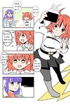  4koma :d black_legwear blue_eyes blue_hair breasts brown_eyes cellphone chaldea_uniform cleavage comic fate/grand_order fate_(series) fujimaru_ritsuka_(female) korean left-to-right_manga medium_breasts multiple_girls open_mouth orange_hair pantyhose phone saint_martha self_shot smartphone smile sweatdrop translated 