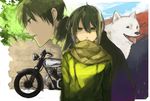  1boy 1girl androgynous animal artist_request black_eyes black_hair clouds dog green_eyes hermes kino kino_no_tabi motorad motorcycle scarf short_hair sky tagme vehicle wall 