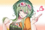  1girl bangs character_name commentary dotted_background goggles goggles_on_head green_eyes green_hair gumi hair_flip hands_up head_tilt heart highres jacket orange_jacket short_hair_with_long_locks smile smirk solo twitter_username upper_body vocaloid wanaxtuco 