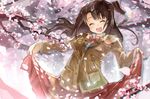  ^_^ ^o^ brown_hair brown_jacket cherry_blossoms closed_eyes dress dress_lift facing_viewer idolmaster idolmaster_cinderella_girls jacket long_hair one_side_up open_mouth outdoors petals ph. pocket shimamura_uzuki smile solo standing 