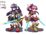  anthro armor backpack belt boots canine clothed clothing dual_persona duo ear_piercing female footwear fur gloves hair_ribbon headband male mammal melee_weapon ni_jikan piercing ponytail ribbons shorts signature simple_background sword weapon white_background 